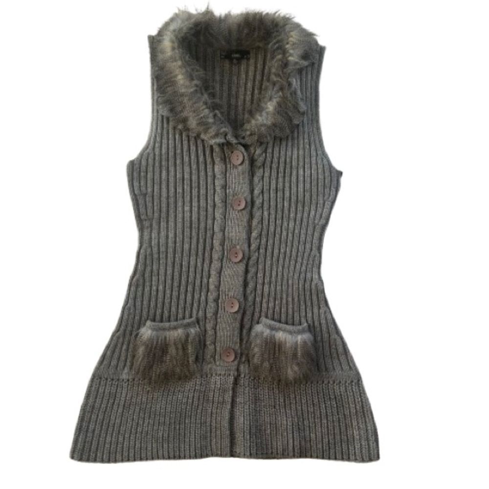 Sioni Y2K Faux Fur Cable Knit Longline Wool Blend Sweater Vest Cardigan SZ XL - Picture 4 of 16